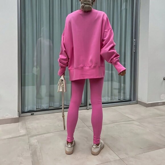 Hot Pink Casual Women's Long Sleeved Hooded Sweatshirt And Leggings Set - Picture 2 of 4